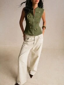 Poéselle Women's Solid Color Zipper Placket Double-Breasted Button Design Vest Jacket - Army Green - View 1