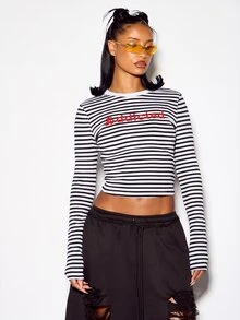 SUMWON WOMEN Striped Long Sleeve Crop Top With Graphic Logo Print Crew Neck Fitted Midriff Tee Spring Party - Black and White - View 5