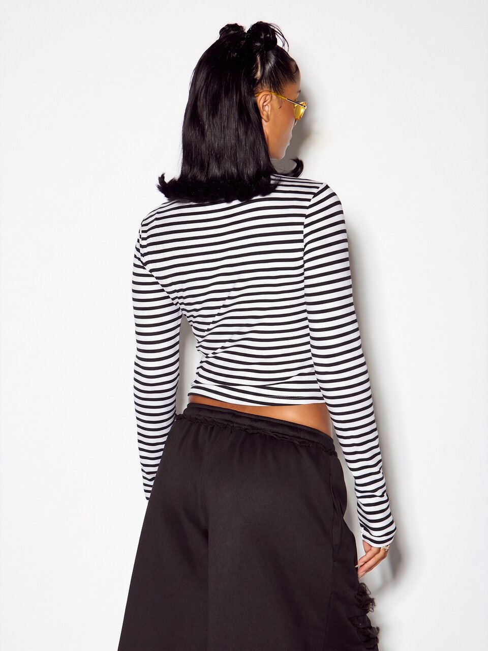 SUMWON Striped Long Sleeve Crop Top With Logo Print