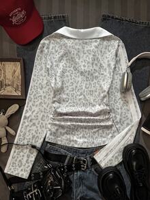 SHEIN Tween Girl Leopard Contrast Kids Collar Tee - Grey - View 2