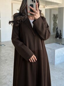 Yasveil Women Lapel Striped Patchwork Open Abaya, Long Sleeve Maxi Modest Abaya Coat, Muslim Fall Outfit For Daily Wear, Family Gathering & Autumn Occasions - Brown - View 8