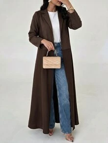 Yasveil Women Lapel Striped Patchwork Open Abaya, Long Sleeve Maxi Modest Abaya Coat, Muslim Fall Outfit For Daily Wear, Family Gathering & Autumn Occasions - Brown - View 4