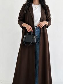 Yasveil Women Lapel Striped Patchwork Open Abaya, Long Sleeve Maxi Modest Abaya Coat, Muslim Fall Outfit For Daily Wear, Family Gathering & Autumn Occasions - Brown - View 3