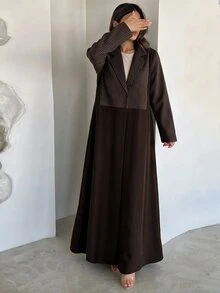 Yasveil Women Lapel Striped Patchwork Open Abaya, Long Sleeve Maxi Modest Abaya Coat, Muslim Fall Outfit For Daily Wear, Family Gathering & Autumn Occasions - Brown - View 1