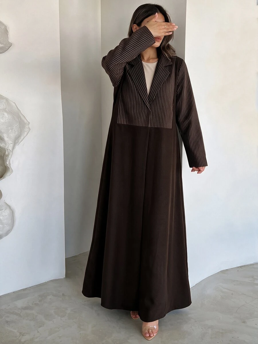 Yasveil Women Lapel Striped Patchwork Open Abaya, Long Sleeve Maxi Modest Abaya Coat, Muslim Fall Outfit For Daily Wear, Family Gathering & Autumn Occasions - Brown - View 1