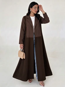 Yasveil Women Lapel Striped Patchwork Open Abaya, Long Sleeve Maxi Modest Abaya Coat, Muslim Fall Outfit For Daily Wear, Family Gathering & Autumn Occasions - Brown - View 6