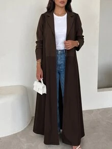 Yasveil Women Lapel Striped Patchwork Open Abaya, Long Sleeve Maxi Modest Abaya Coat, Muslim Fall Outfit For Daily Wear, Family Gathering & Autumn Occasions - Brown - View 7
