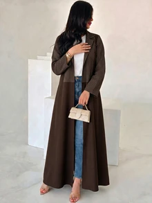 Yasveil Women Lapel Striped Patchwork Open Abaya, Long Sleeve Maxi Modest Abaya Coat, Muslim Fall Outfit For Daily Wear, Family Gathering & Autumn Occasions - Brown - View 5