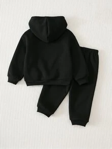 BATMAN X SHEIN 2件組男嬰卡通蝙蝠圖案連帽長袖抓絨運動衫與配套運動長褲套裝，適合秋冬穿著 - 彩色 - 查看 2