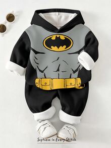 BATMAN X SHEIN 2件組男嬰卡通蝙蝠圖案連帽長袖抓絨運動衫與配套運動長褲套裝，適合秋冬穿著 - 彩色 - 查看 1