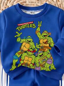 TEENAGE MUTANT NINJA TURTLES | SHEIN Teen MUTANT TURTLES 男嬰休閒可愛印花圓領長袖運動衫與運動長褲套裝，適合秋冬穿著 - 彩色 - 查看 3