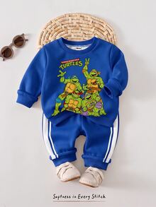 TEENAGE MUTANT NINJA TURTLES | SHEIN Teen MUTANT TURTLES 男嬰休閒可愛印花圓領長袖運動衫與運動長褲套裝，適合秋冬穿著 - 彩色 - 查看 1