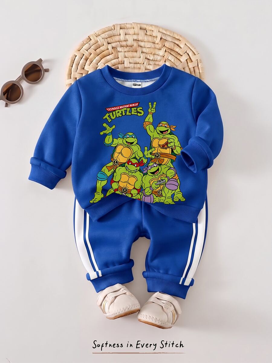 TEENAGE MUTANT NINJA TURTLES | SHEIN Teen MUTANT TURTLES 男嬰休閒可愛印花圓領長袖運動衫與運動長褲套裝,適合秋冬穿著 - 彩色 - 查看 1