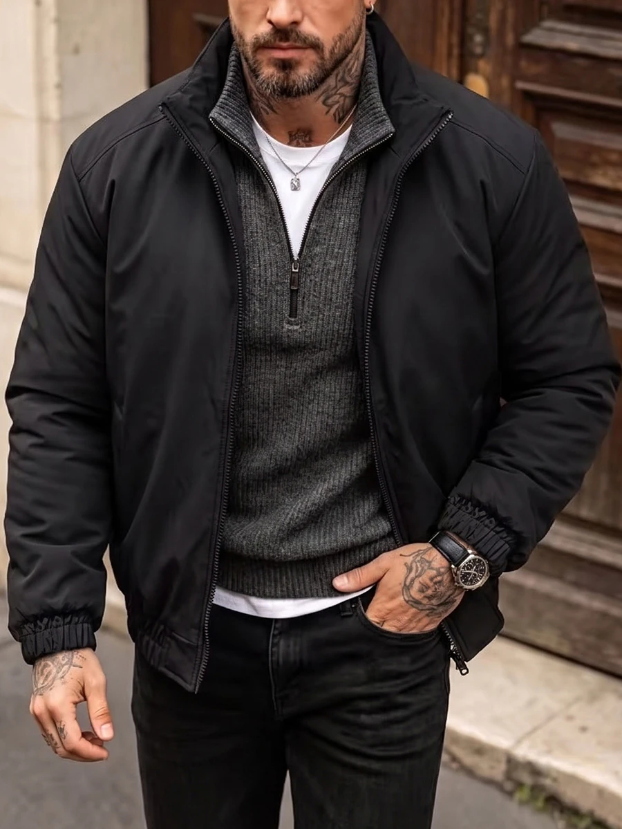Manfinity CasualCool Men's Casual Solid Color Jacket, Versatile For Autumn/Winter - Black - View 1