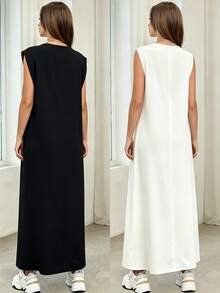 Yasmyna Women's Solid Color Round Neck Casual Minimalist Arabian Dress - Black and White - View 3