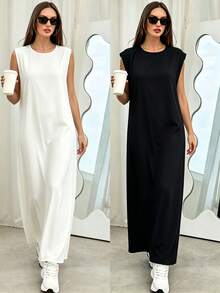Yasmyna Women's Solid Color Round Neck Casual Minimalist Arabian Dress - Black and White - View 1