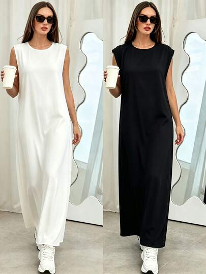 Yasmyna Women's Solid Color Round Neck Casual Minimalist Arabian Dress