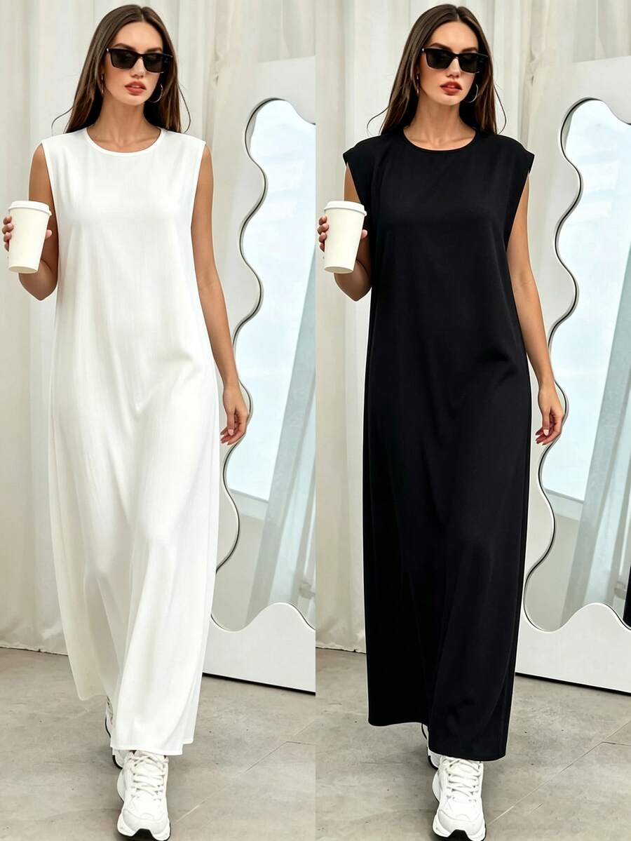 Yasmyna Women's Solid Color Round Neck Casual Minimalist Arabian Dress - Black and White - View 1