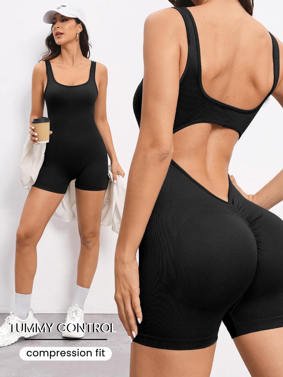 Slayform Slayform Mono de tirantes de unicolor simple para mujer, conjunto de ropa de gimnasio para mujer - Negro - Ver 1