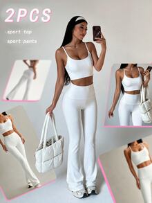 Sirith Women 2pcs Sports Set, Sports Style Fitted Tank Top, Flare Leg Pants Design Women 2pcs White Sports Set - White - View 3