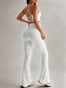 Sirith Women 2pcs Sports Set, Sports Style Fitted Tank Top, Flare Leg Pants Design Women 2pcs White Sports Set - White - View 6