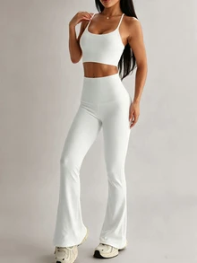 Sirith Women 2pcs Sports Set, Sports Style Fitted Tank Top, Flare Leg Pants Design Women 2pcs White Sports Set - White - View 5