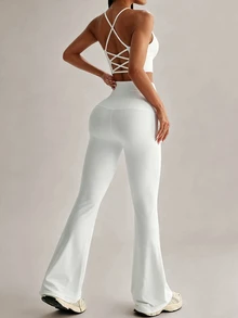 Sirith Women 2pcs Sports Set, Sports Style Fitted Tank Top, Flare Leg Pants Design Women 2pcs White Sports Set - White - View 2