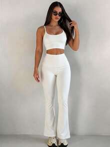 Sirith Women 2pcs Sports Set, Sports Style Fitted Tank Top, Flare Leg Pants Design Women 2pcs White Sports Set - White - View 1