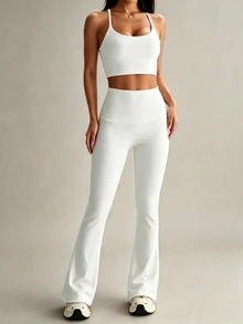 Sirith Women 2pcs Sports Set, Sports Style Fitted Tank Top, Flare Leg Pants Design Women 2pcs White Sports Set - White - View 8