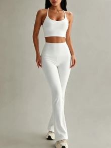 Sirith Women 2pcs Sports Set, Sports Style Fitted Tank Top, Flare Leg Pants Design Women 2pcs White Sports Set - White - View 7