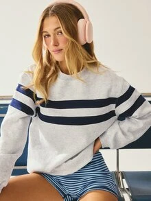 Aralina BRUSHED BACK PRINTED STRIPE WIDE WAISTBAND V NECK SWEAT - Light Grey - View 4