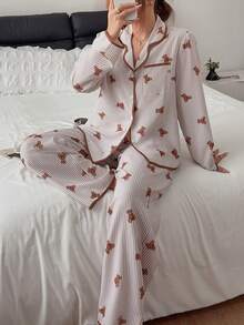 Napfluff Women's Cute Contrast Color Lapel Striped Bear Print Long Sleeve Loose Comfortable Pajama Set 2pcs - Multicolor - View 1