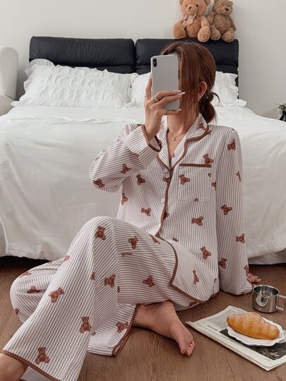 Napfluff Women's Cute Contrast Color Lapel Striped Bear Print Long Sleeve Loose Comfortable Pajama Set 2pcs