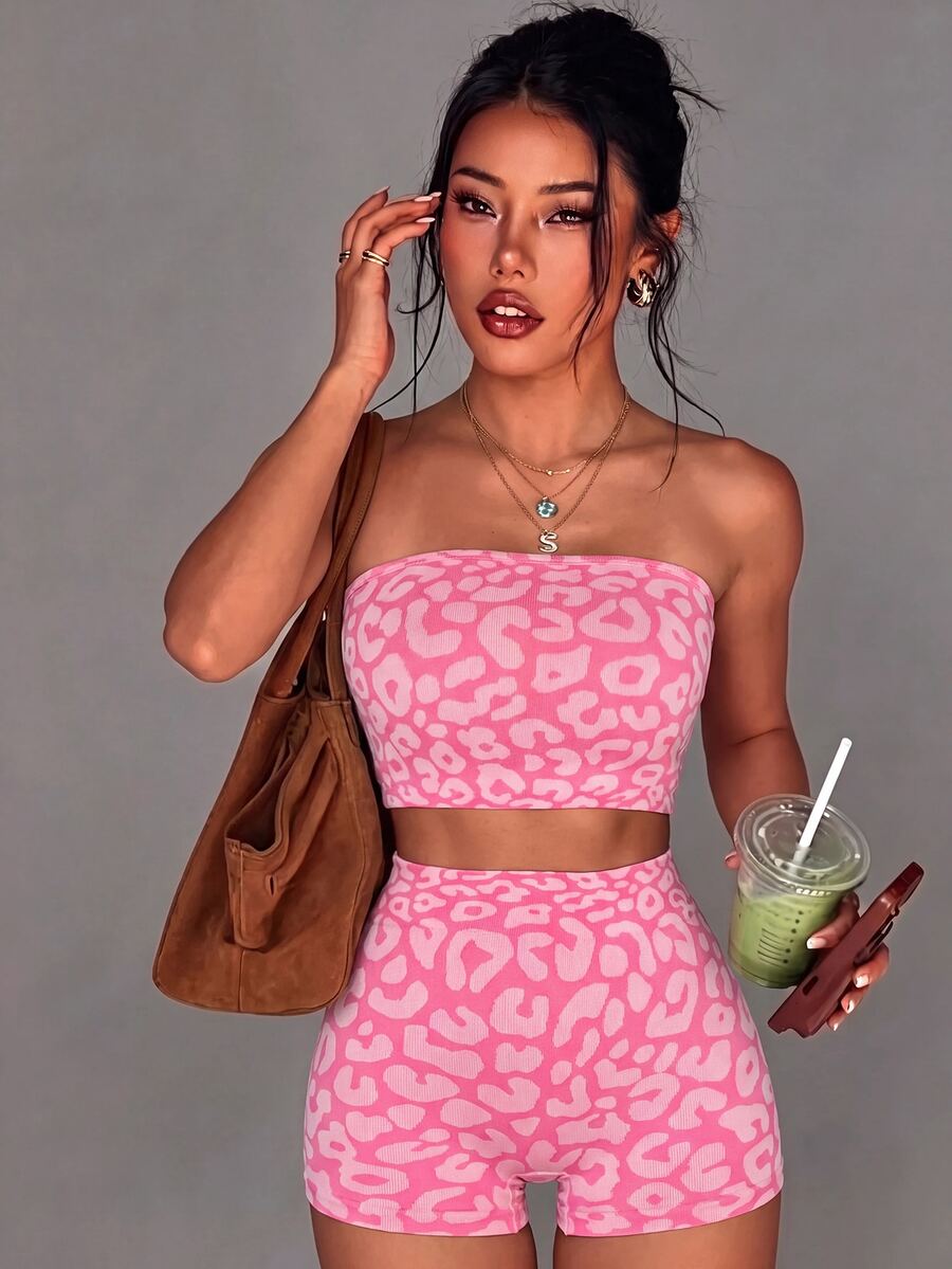Slayform Slayform 2pcs Women Seamless Casual Base Layer Outdoor Streetwear Tube Top & 3/4 Shorts Sports Set - Bubblegum Pink - View 1