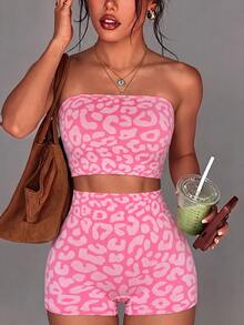 Slayform Slayform 2pcs Women Seamless Casual Base Layer Outdoor Streetwear Tube Top & 3/4 Shorts Sports Set - Bubblegum Pink - View 4