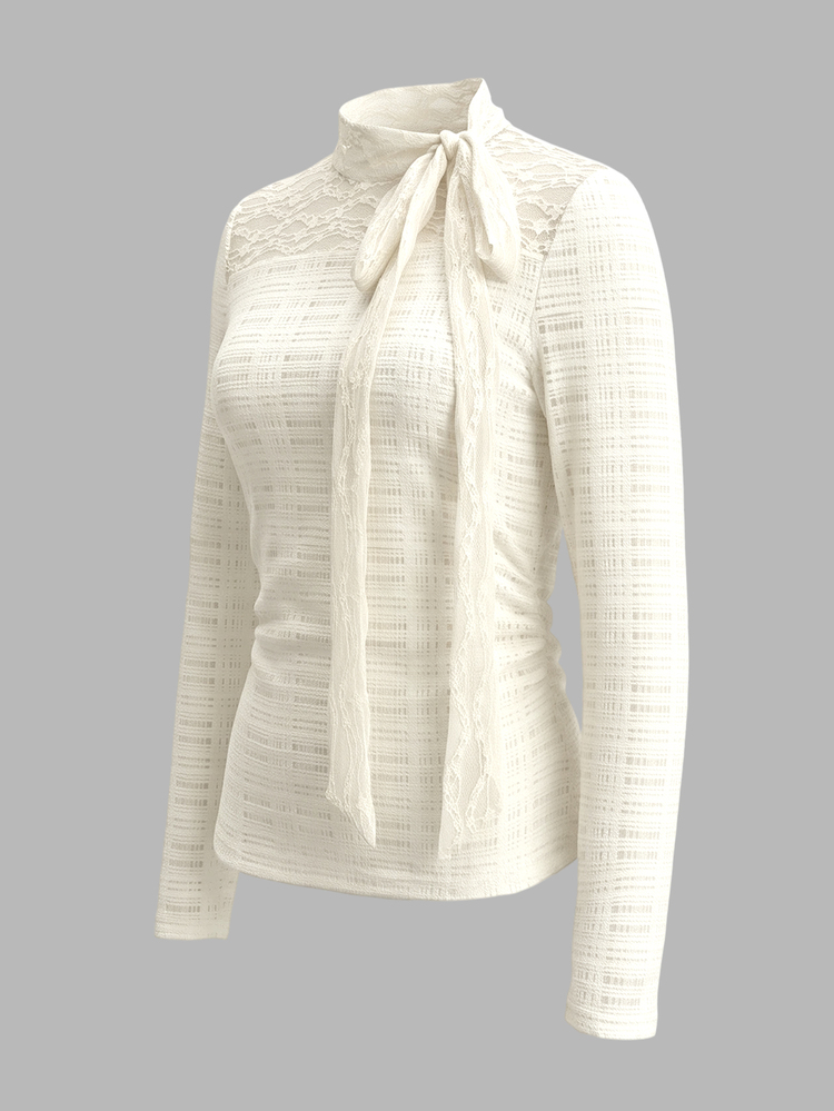 IslaSuriya Women's Lace Patchwork Neckline Tie-Front Top - Apricot - View 4