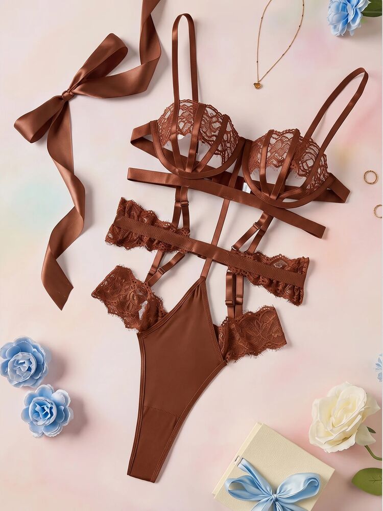 Elorette Women's Sexy Lace Hollow Out Jumpsuit Lingerie - Brown - View 8