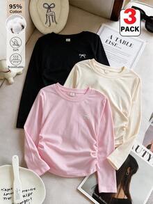 6Pcs Tween Girls Cotton Solid Color Long Sleeve Base Layer Fall Tops, Casual Bow Pattern Slim Fit T-Shirts, 3 Colors Available - Multicolor - View 1