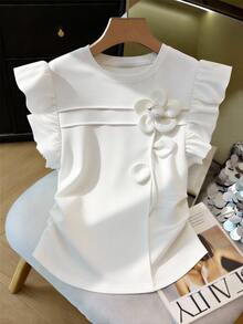 SHEIN 青少年女孩優雅通勤風 3D花卉荷葉邊開衩弧形百褶短版T恤，夏季休閒穿搭，舒適日常極簡風 - 白色 - 查看 2