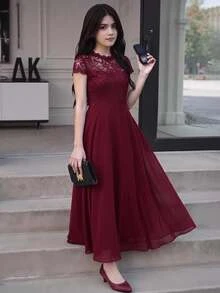 SHEIN 花童女童禮服 大女孩適用 優雅高端蕾絲拼接緞面長款正式禮服 適合婚禮、舞會、生日派對、表演，秋季款 - 酒紅色 - 查看 2