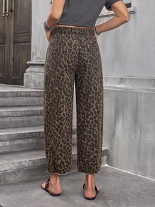 EMERY ROSE Plus Size Women's Leopard Print Casual Daily Wear Denim Jeans With Pockets And Buttons - Multicolor - View 4