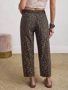EMERY ROSE Plus Size Women's Leopard Print Casual Daily Wear Denim Jeans With Pockets And Buttons - Multicolor - View 2