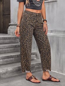 EMERY ROSE Plus Size Women's Leopard Print Casual Daily Wear Denim Jeans With Pockets And Buttons - Multicolor - View 5
