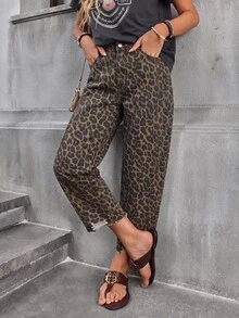 EMERY ROSE Plus Size Women's Leopard Print Casual Daily Wear Denim Jeans With Pockets And Buttons - Multicolor - View 7
