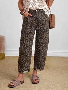 EMERY ROSE Plus Size Women's Leopard Print Casual Daily Wear Denim Jeans With Pockets And Buttons - Multicolor - View 1