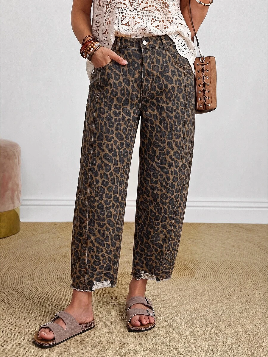 EMERY ROSE Plus Size Women's Leopard Print Casual Daily Wear Denim Jeans With Pockets And Buttons - Multicolor - View 1