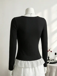 SHEIN Teen Girls Fall Tops Grey & Black Striped Collar Button Decor Lace Trim Long Sleeve Casual Versatile Design T-Shirt - Black - View 3