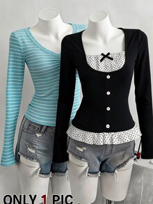 SHEIN Teen Girls Fall Tops Grey & Black Striped Collar Button Decor Lace Trim Long Sleeve Casual Versatile Design T-Shirt - Black - View 1