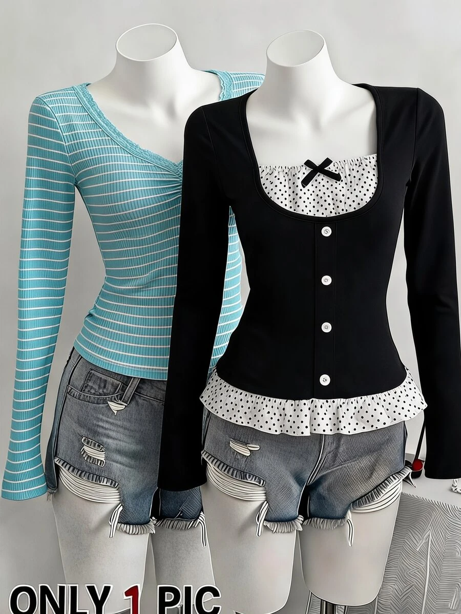 SHEIN Teen Girls Fall Tops Grey & Black Striped Collar Button Decor Lace Trim Long Sleeve Casual Versatile Design T-Shirt - Black - View 1