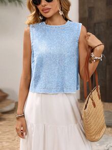 SHEIN Tall Light Blue Washed Denim Sleeveless Vest, Round Neck, Back Button Closure, Slim Fit, Short Length, Street Style Versatile Tank Top - Light Wash - View 3